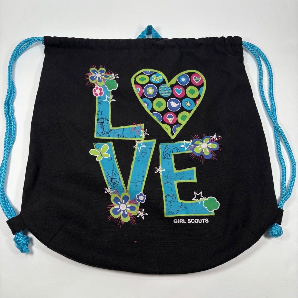 Girl Scouts Girls Drawstring Backpack Black LOVE Graphic Cinch Bag Utility Y2K